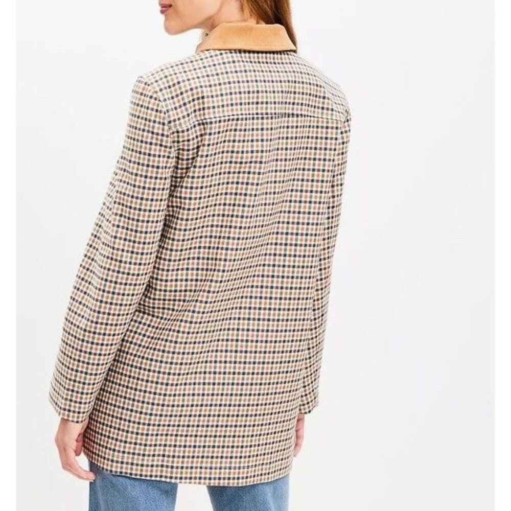 LOFT Tan Plaid Collar Jacket with Brown Trim - Picture 6 of 16